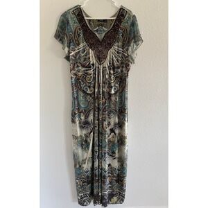 Apt 9 Dress Womens 2XL Green Brown Babydoll Fairy Rhinestone Stretch Bohemian